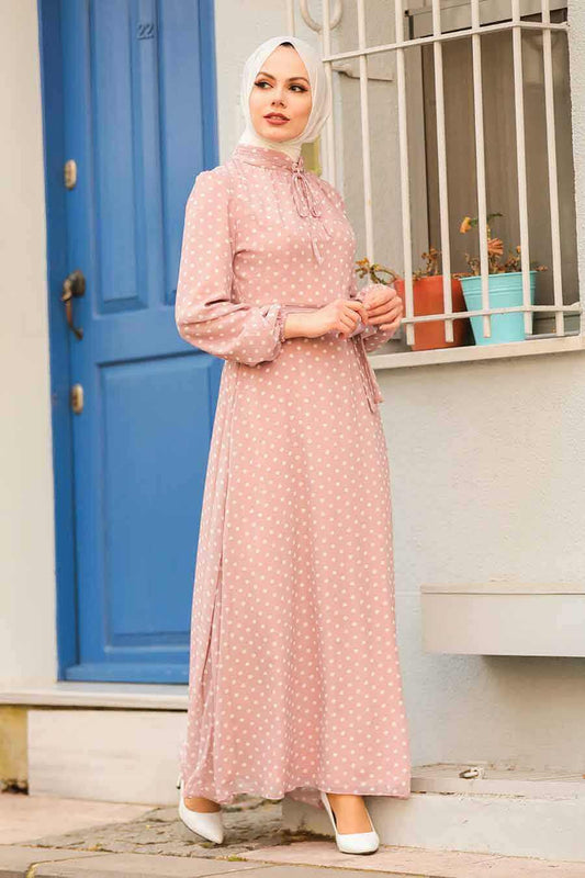 Modest Flare Polka Dot Dress - Pink