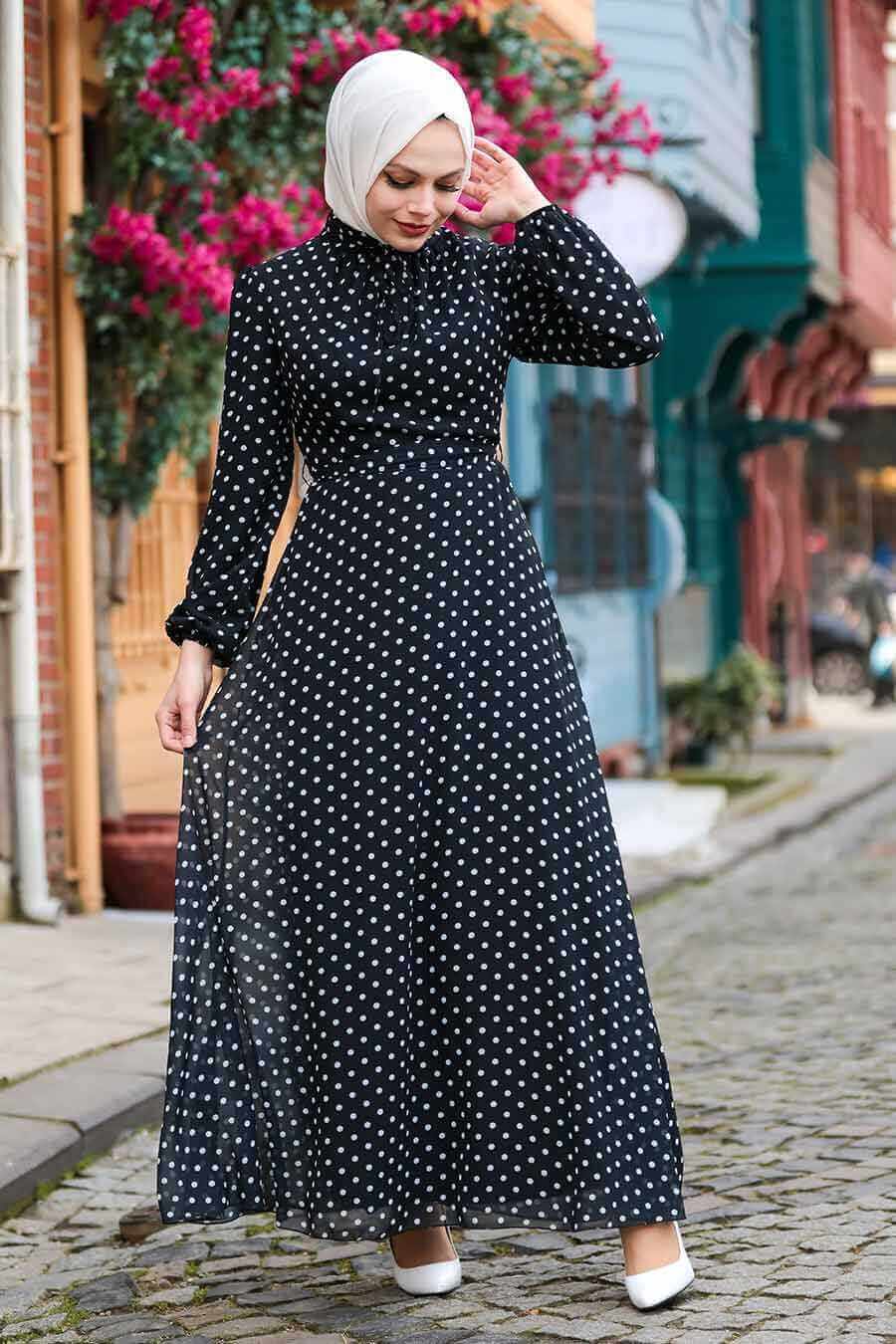 Modest Flare Polka Dot Dress - Black