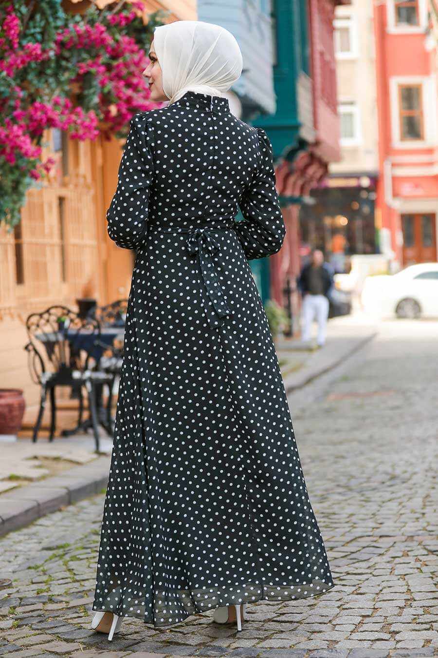 Modest Flare Polka Dot Dress - Black