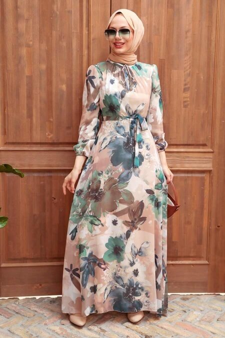 Modest Floral Dress - Beige & Green