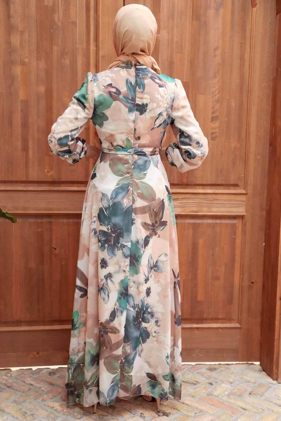 Modest Floral Dress - Beige & Green