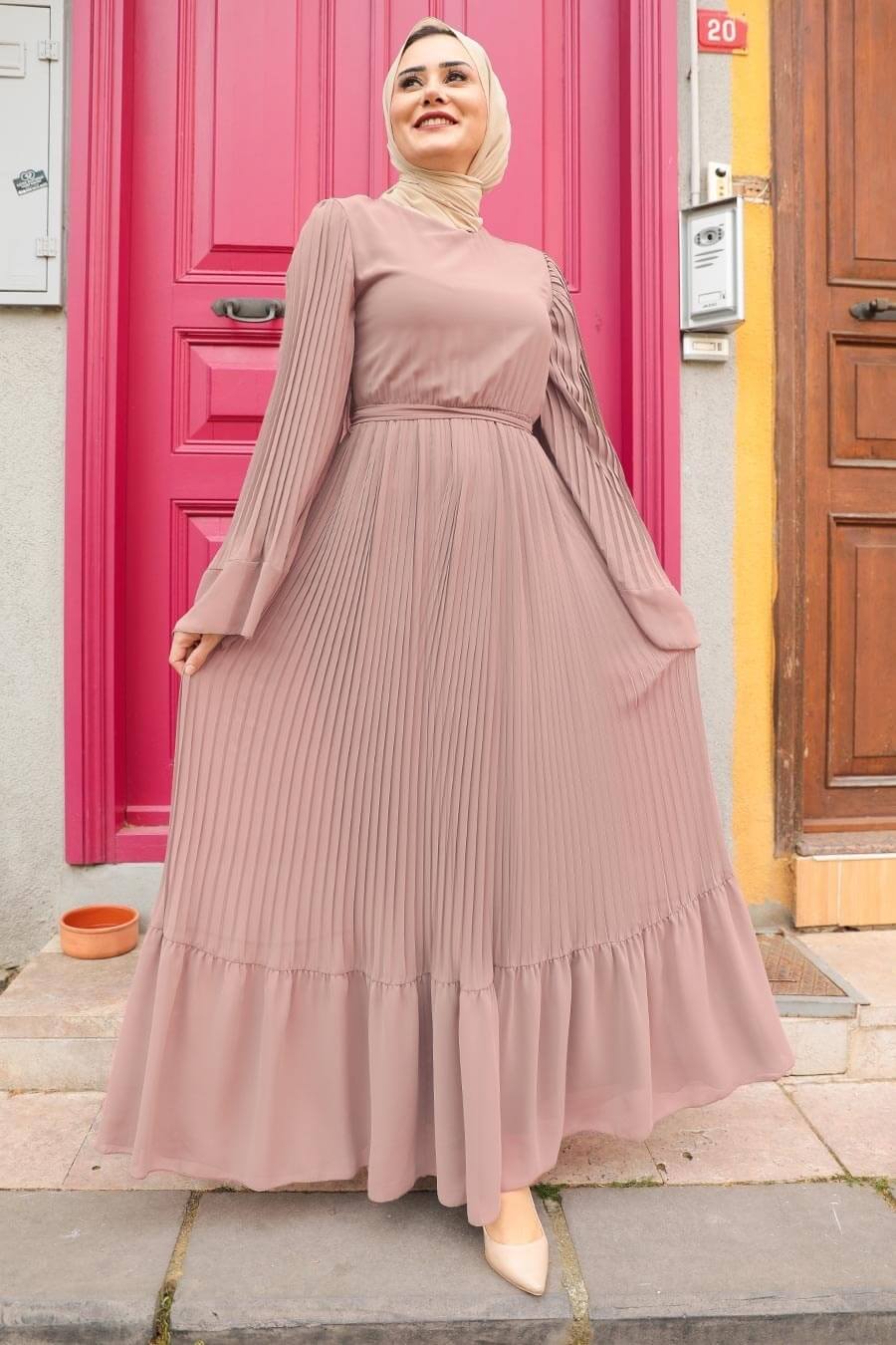 Modest Pleated Flare Dress Bell Sleeves - Pink