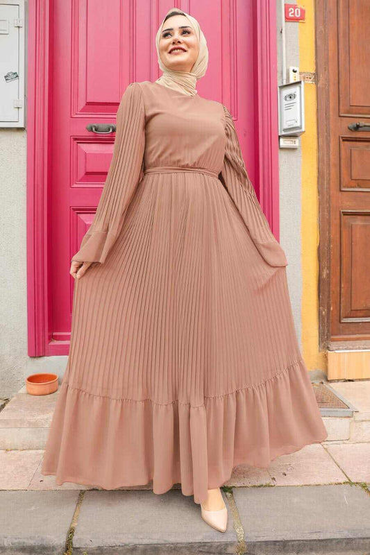 Modest Pleated Flare Dress Bell Sleeves - Dark Pink