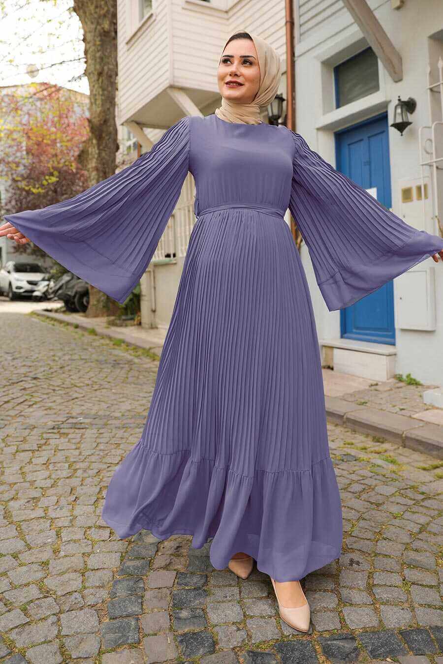 Modest Pleated Flare Dress Bell Sleeves - Purple