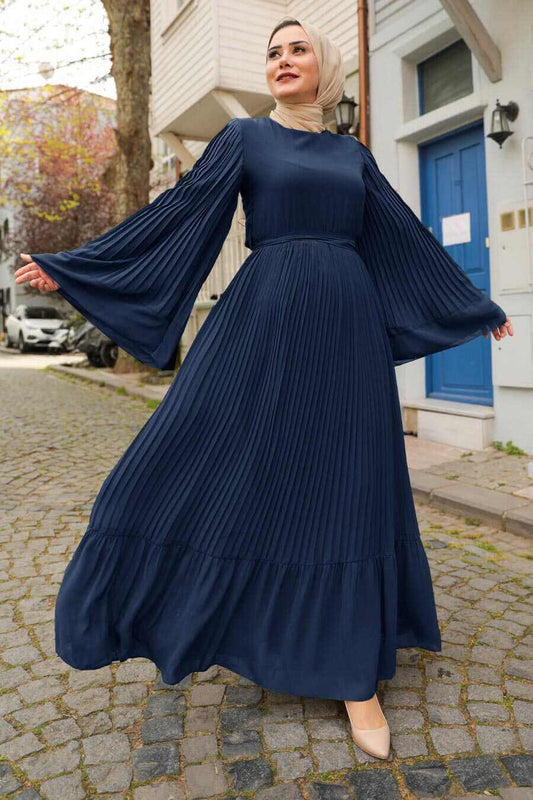 Modest Pleated Flare Dress Bell Sleeves - Navy Blue