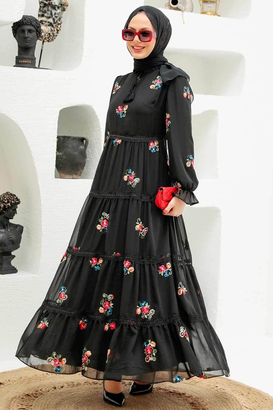 Bloom Modest Floral Dress - Black