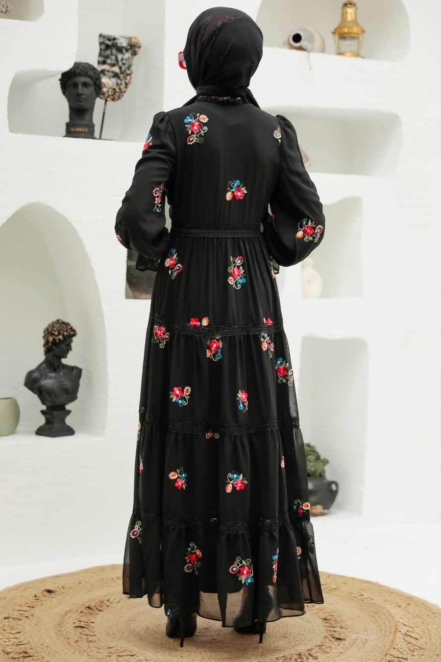 Bloom Modest Floral Dress - Black