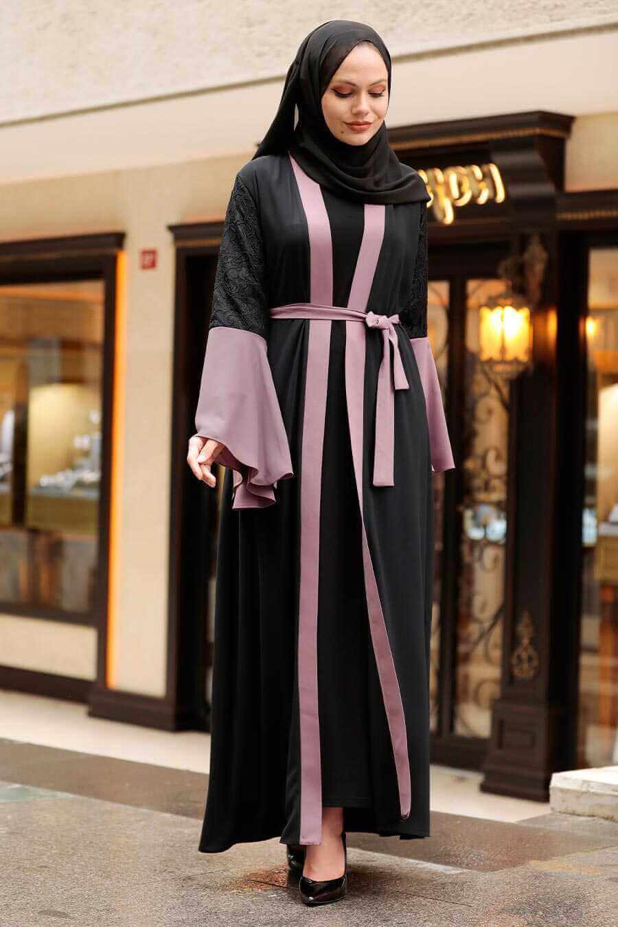 Modest Open Front Contrast Abaya - Dusty Pink