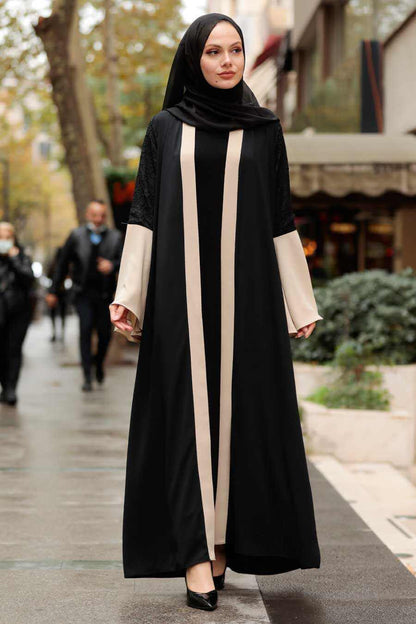 Modest Open Front Contrast Abaya - Sand Beige