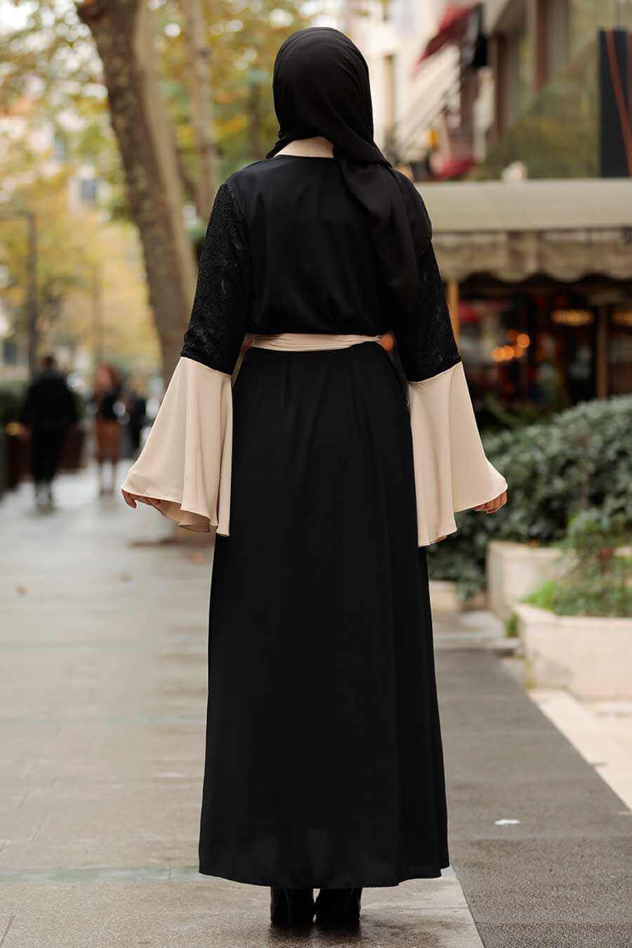 Modest Open Front Contrast Abaya - Sand Beige