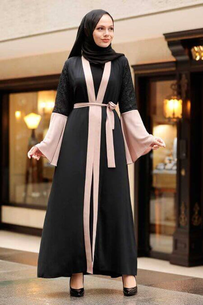 Modest Open Front Contrast Abaya - Light Pink