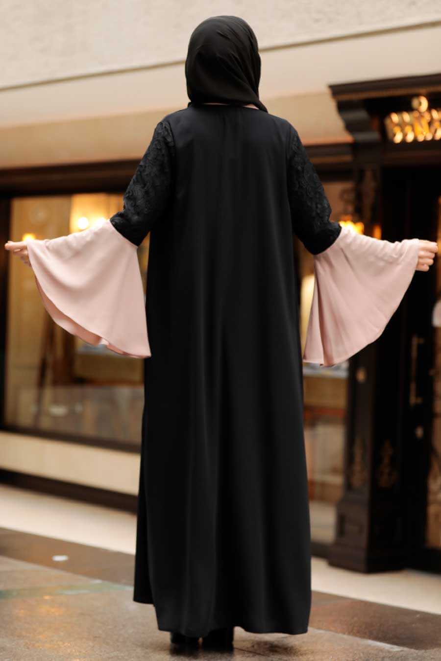 Modest Open Front Contrast Abaya - Light Pink