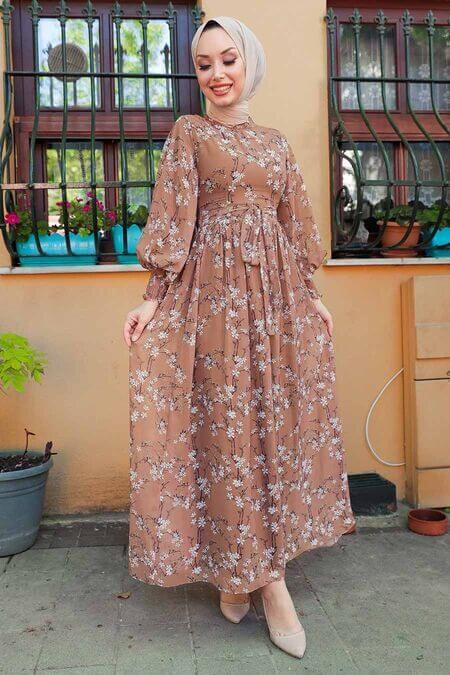 Modest Floral Dress - Cinnamon & White