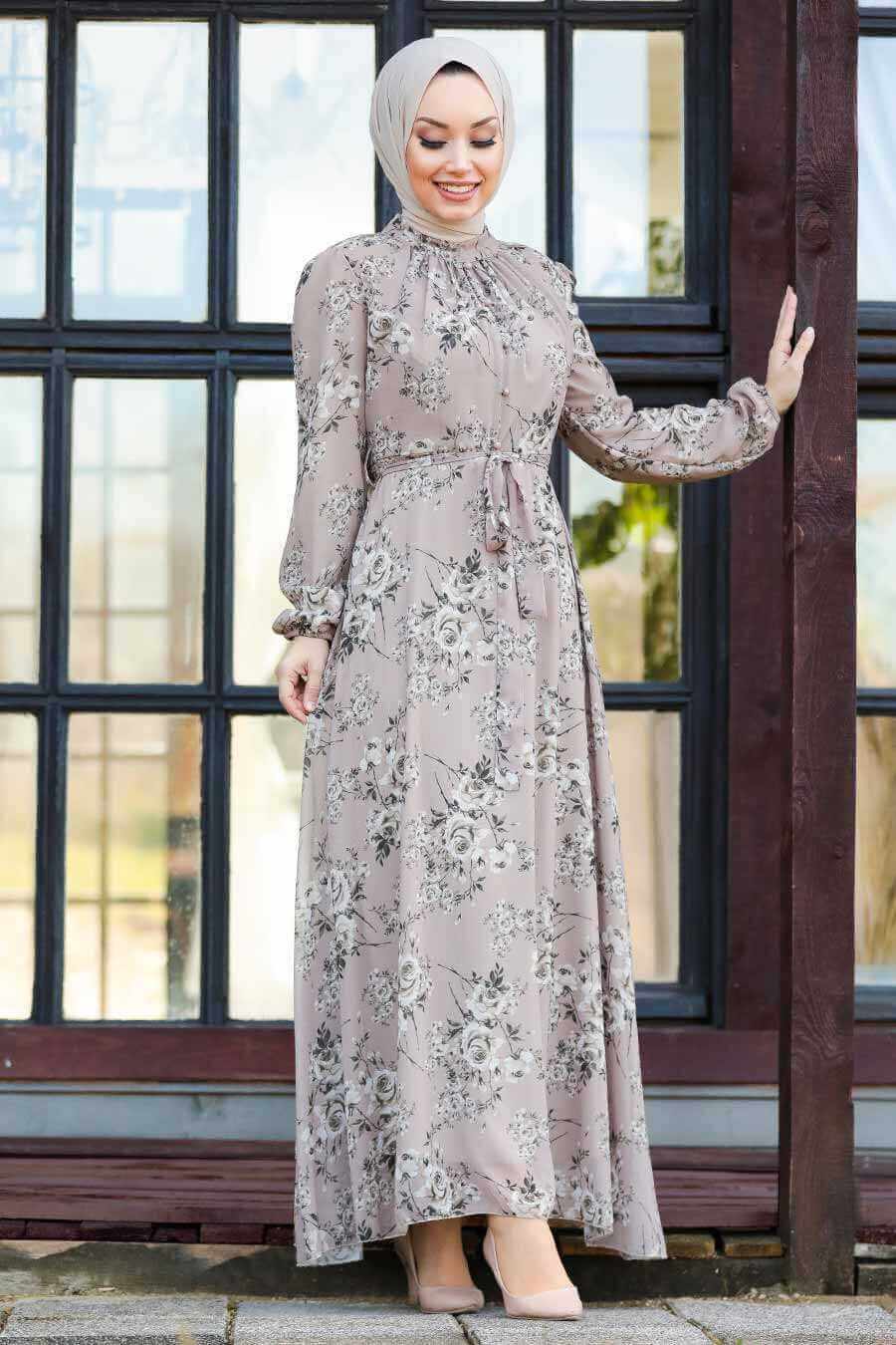 Modest Floral Dress - Beige & Silver