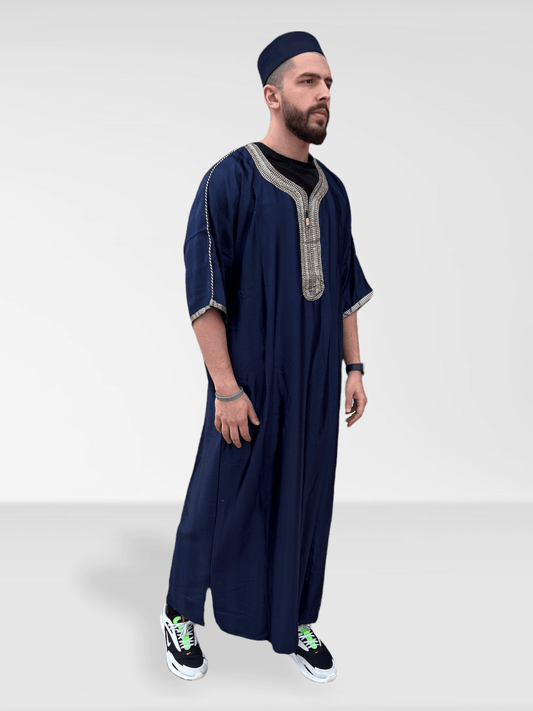 Moroccan Half Sleeve Thobe - Navy Blue/Gold