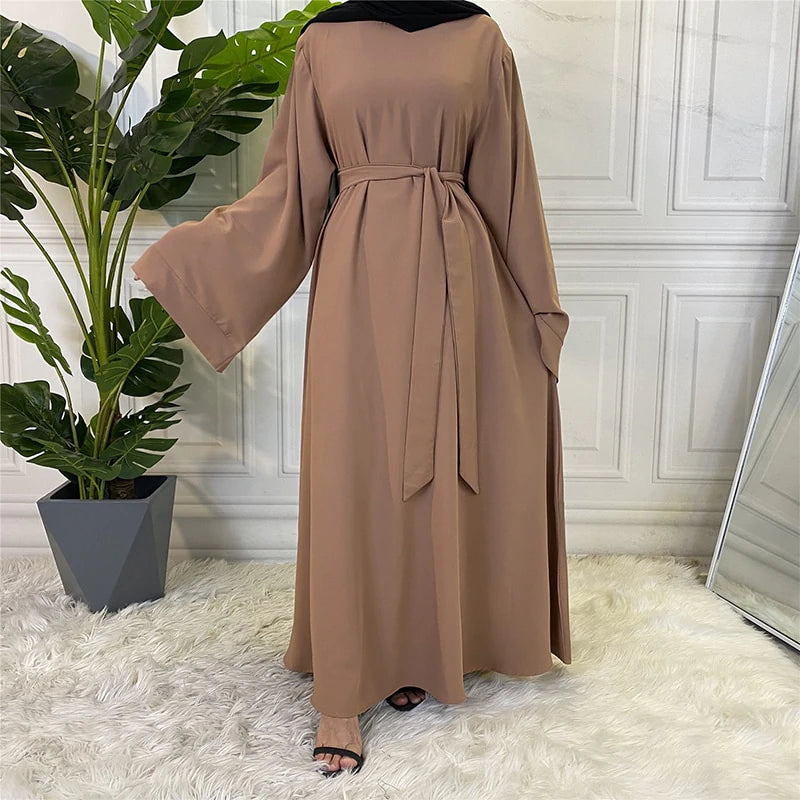 Modest Closed Abaya With Belt - Beige