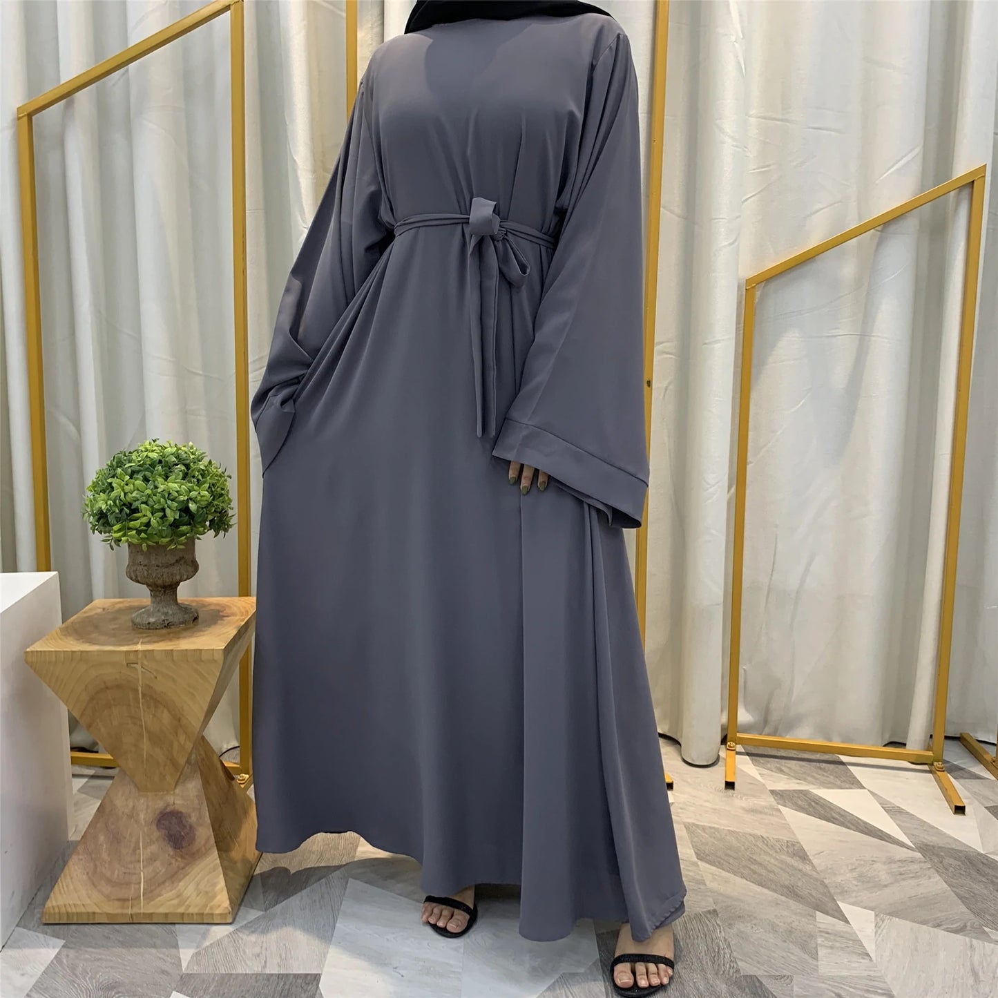 Modest Closed Abaya With Belt - Dark Grey