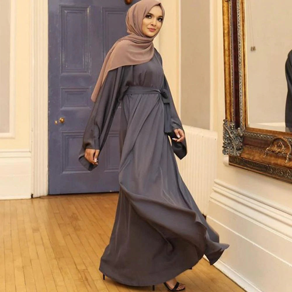 Modest Closed Abaya With Belt - Dark Grey