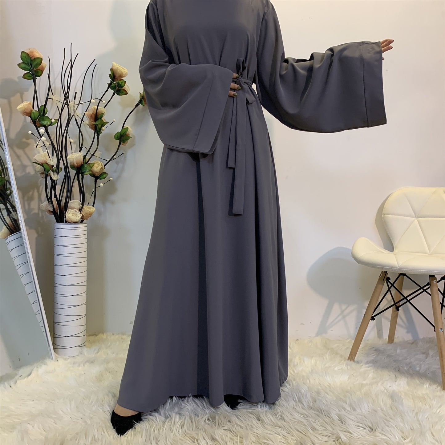 Modest Closed Abaya With Belt - Dark Grey