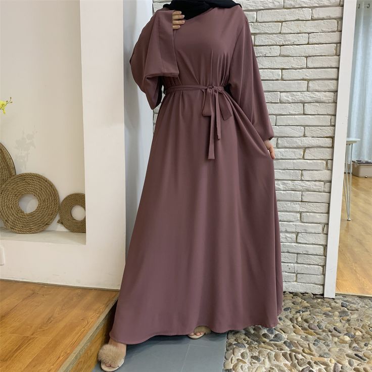 Modest Closed Abaya With Belt - Dark Mauve